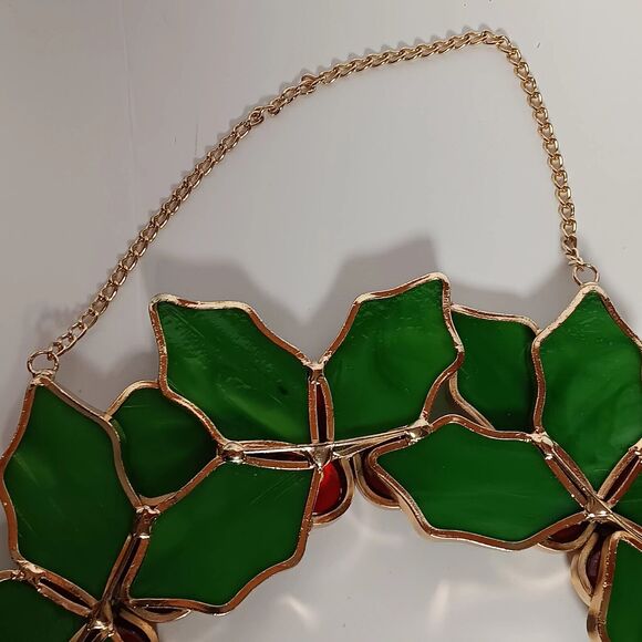 Vintage Stained Glass Christmas Holly Wreath Ornament Handmade Suncatcher 10 in - Picture 3 of 12